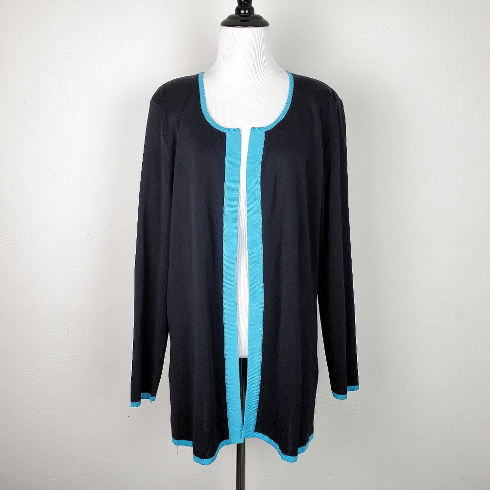 Misook Cardigan Sweater Open Front Black Blue Trim Minimalist Classic Neutral